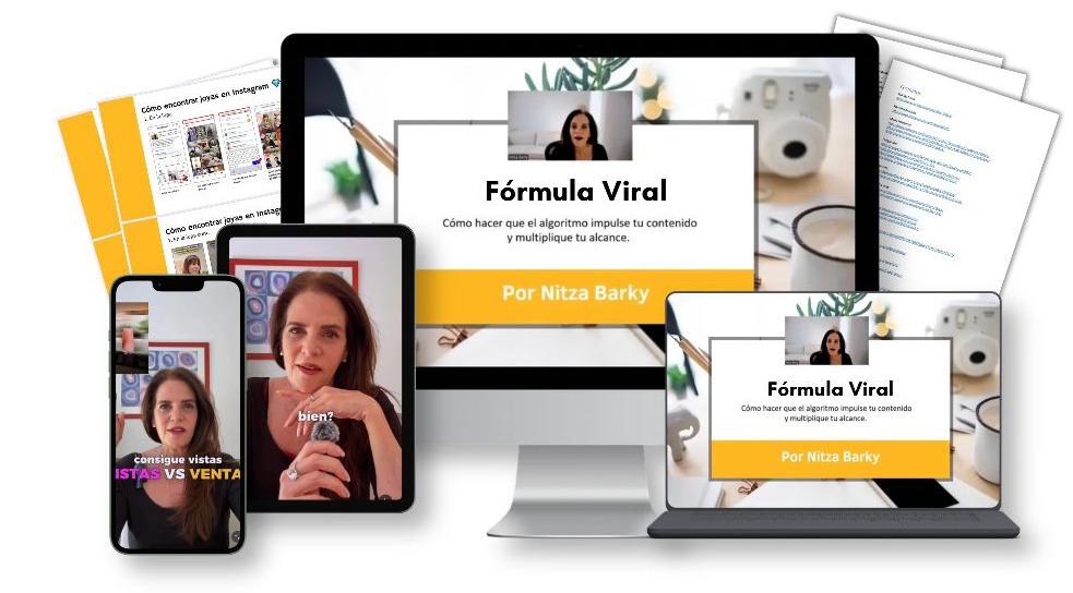 Composite del Mini-curso Fórmula Viral: MacBook, iPhones e iPad mostrando Nitza enseñando